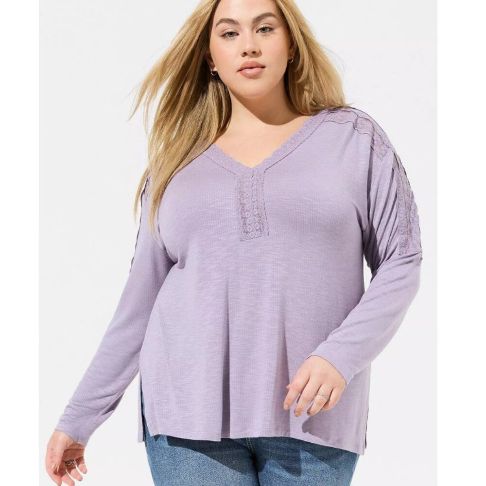 NWT Torrid 3 Super Soft Slub Long Sleeve Drop Shoulder Lace Yoke Top 3X 22 24 - Picture 2 of 10